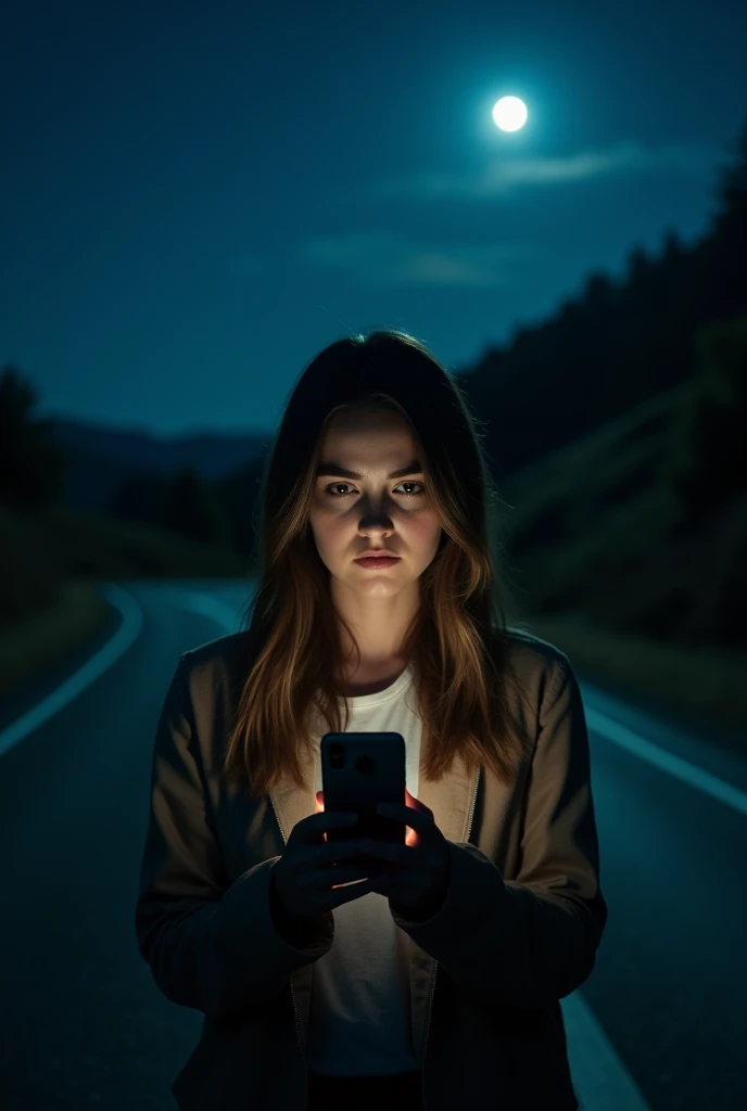 A mobile phone image of ringing unknown call at midnight on road a girl holding it and the camera angle at her shoulder level to show the mobile 