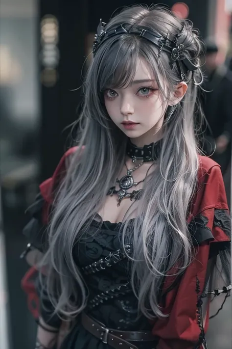 Best Quality、8k、masterpiece：1.3、Gothic Punk、The inner color is red、Gray Black Hair、Hair accessories、beautiful girl、Creative、Dark Fantasy Style、Neogoth、Goth Fashion：1.2、High resolution、masterpiece、Best Quality、頭w:1.3、((Hasselblad Photos))、Fine skin、Sharp fo...