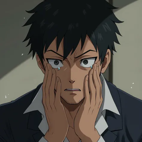 A handsome and handsome masculine man with short black hair in Japanese style looks sad and a little unwilling，cry，Wipe away tears with hands Japanese anime style