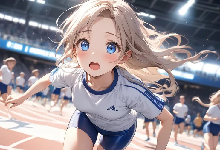 (dynamics and beautiful), profile, (Run at super high speed with Afterimage), (a, 15 yo) (beautiful forehead) (beautiful blue lossy hair long  hair) (best cute girl) (best beauty blue eyes), (look up, enjoy face, cute open mouth, glossy lip), (small tits),...