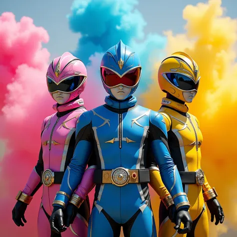 A special effects film featuring a trio of Japanese transforming heroes, Threesome of two men and one woman, The image color for women is pink, One mans image color is blue, The other mans image color is yellow., Each character wears a mask and a hero cost...