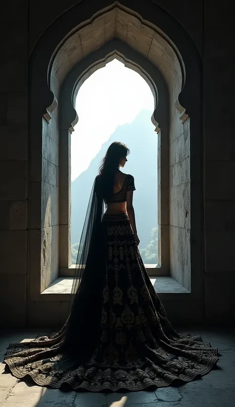 A very beautiful princess, dressed in a black lehenga, was standing by the window inside the black fort, her eyes gazing far away.