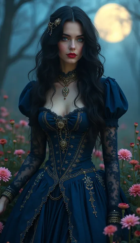  A beautiful woman, blue eyes, detailed eyelashes and eyebrows, red mouth, long curly black hair, jewelry in her hair, wearing a dark blue Victorian style dress with lace and gold thread, jeweled lace choker, legs with black lace stockings, Wearing a pair ...