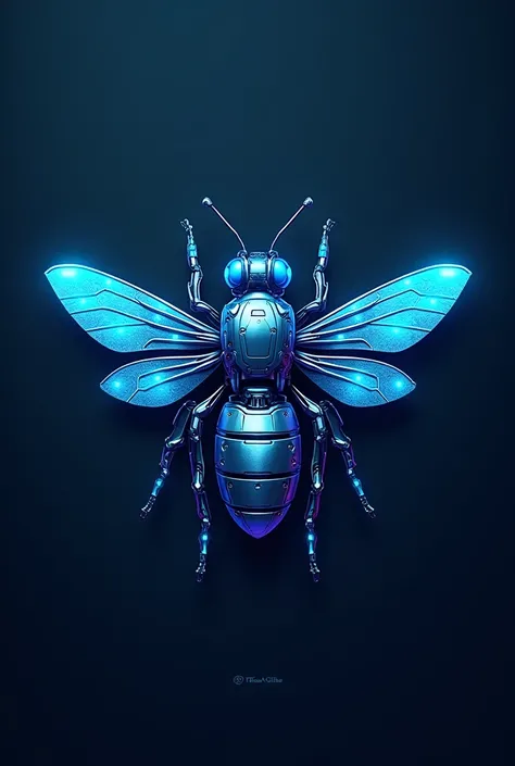 Generate a logo of a futuristic blue bee in cybernetic style 