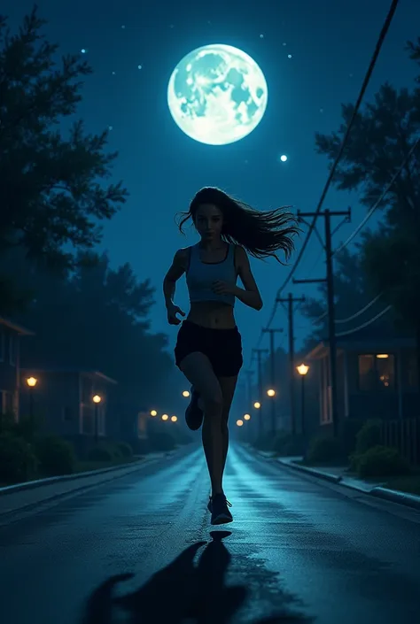 A girl running on road at midnight 