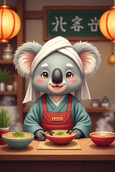 Koala manager of a ramen shop with a towel wrapped around his head