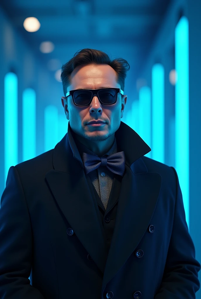 Elon musk wearing light black shades with coat pent and big bow, looking in camera, full body, full proper front pose, realistic, 4k, with blue lights shade in background, make it face brighter, close to camera
