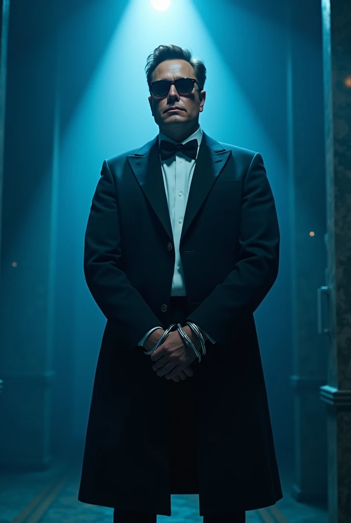 Elon musk wearing light black shades with coat pent and big bow, looking in camera, full body, hand bind, full proper front pose, realistic, 4k, with blue lights shade in background, make it face brighter, close to camera
