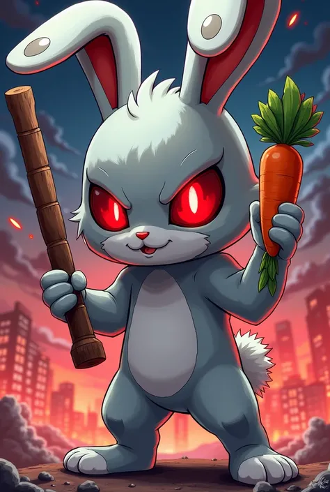 A small humanoid rabbit with a wooden carrot as a weapon with red eyes and with its stats in anime mode