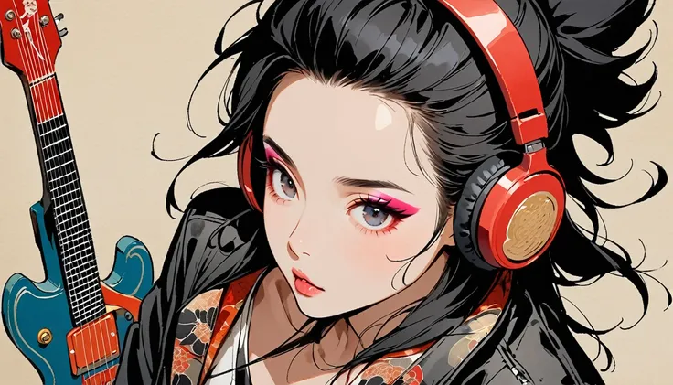 (((Ink Painting))), (((from above))), (((1 female))), (((Japanese pattern leather jacket))), (((Soft Mohawk))), (((Very flashy makeup))), (((Electric guitar))), Japanese style headphones, face close-up, front view, Japan人の美少女, Black Hair, Delicate and prec...