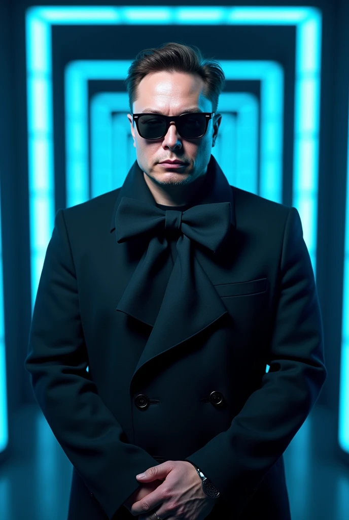 Elon musk wearing light black shades with coat pent and big bow, looking in camera, full body, hand bind, full proper front pose, realistic, 4k, with blue lights shade in background, make it face brighter, close to camera, make him face brighter 
