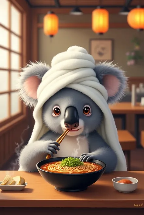 Koala at a ramen shop with a towel wrapped around his head