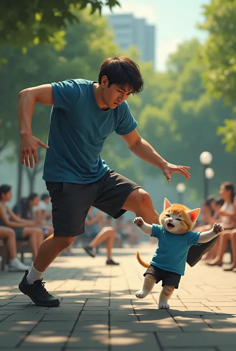 A man kick forcefully A grey kitten wearing blue tshirt and black short  in the park, in the background there are many people sitting and walking 