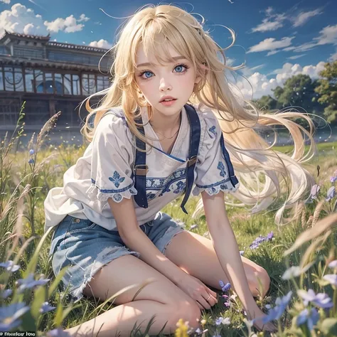 masterpiece: 1.2, Portraiture, Best Quality), Realistic, (Live Action, Intricate details, Written boundary depth), Best Quality, masterpiece, Attention to detail, semi-Realistic, On the grass, shy, 2, Short blonde, blue eyes, blonde、 Slim figure、Shoulder B...