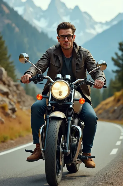 Handsome man wearing glasses without beard using a CB motorbike in a mountainous atmosphere 