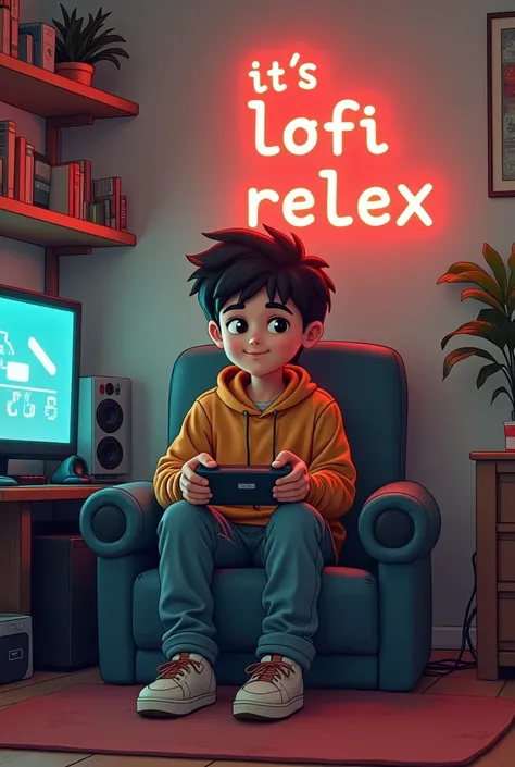 A boy sit in gaming room in background wall text "ITS LOFI RELEX" 
