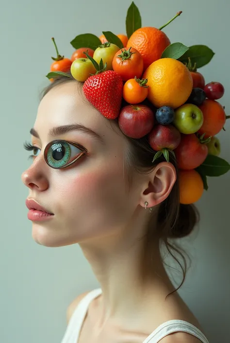 A woman with an eye growing on the wing of her nose,brain made of fruits