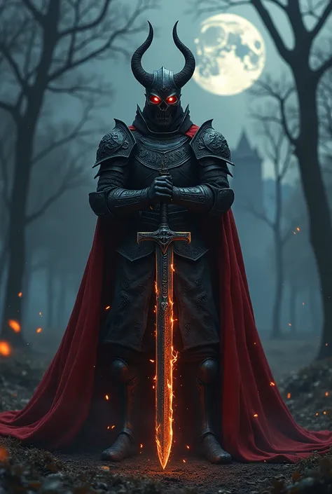 Black Knight,Knight in Legendary intrincate ornamented black armor,(Glowing red eyes Skull pauldron),glowing fire eyes,Stab the two-handed Ancient legendary sword with inscribed runes fire  sword into the ground,Hold the hilt of the sword with both hands,R...