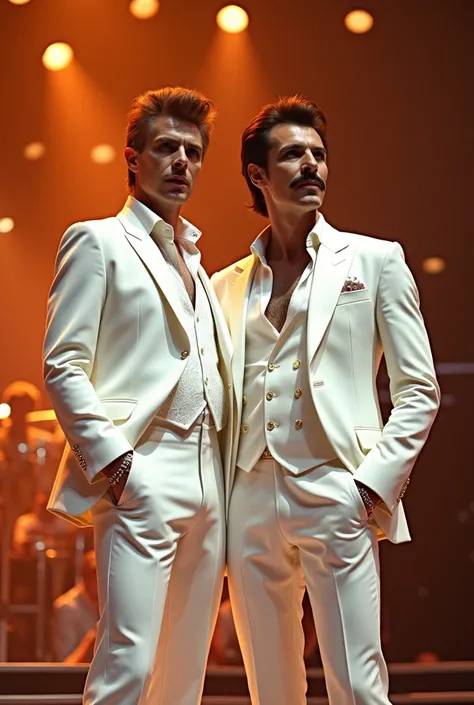 30 yo David Bowie with Freddie Mercury drap in an elegant All White suite singing on a stage 