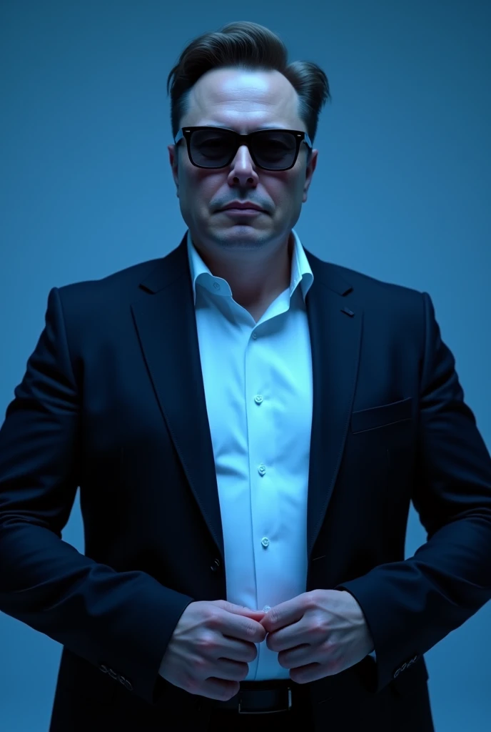 Elon musk wearing light black shades with white shirt and black coat pent and bow, looking in camera, full body, hand bind, full proper front pose, realistic, 4k, with blue lights shade in background, make it face brighter, close to camera, make him face b...