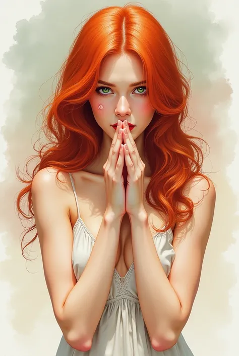 draw a watercolor scene with pastel tones, an extremely beautiful red-haired woman with green eyes, half naked, has her hands on her mouth as a sign of silence