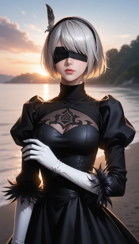 score_9, score_8_up, score_7_up, 32k,masterpiece, highest quality, photo realistic, vibrant colors, chiaroscuro lighting,
2B Nier Automata, 
bob cut, gray hair, bangs, blindfold, pink lips,
black goth dress, long sleeve, Juliet sleeve, white gloves, turtle...