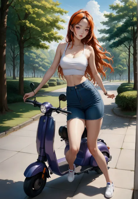 realistic anime illustration of arafed asian woman at public park, purple e-scooter, she is in brown long straight hair (+forehead, multicolored hair, red streaked hair, orange streaked hair), wears in a white top , denim tube mini skirt, white sneakers, (...