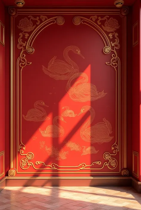 (photorealism:1.2), royal background. I want the wall RED filled with swans engraving.