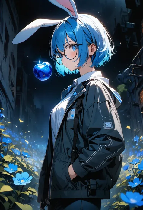 score up_9,score up_8,score up_7,source_anime,rating_safety,sfw,masterpiece,best quality,super detailed,super fine illustration,8k,1 girl,16yo,rabbit ears,short hair,bob,blue hair,blue eyes,round glasses,middle breast,standing,BREAK Dressed like a scientis...