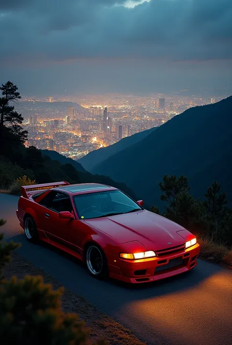 Photo of a Toyota Supra Mk4 and a Toyota AE86 parked on a mountain, showing the city at night.