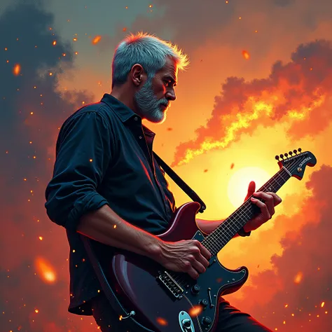 Logo for an artist that play guitar, short Silver Hair, short beard, rock, notes everywhere, sunset, fireflies, a lot of color, Lens Flare, Motion Lines, From Below, Apocalypse, Impressionism, 