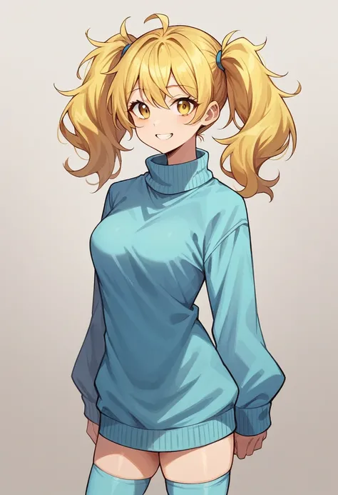 Masterpiece, uncensored, BREAK, yellow hair, young woman, yellow eyes, pigtails, straight hair, messy hair, standing, light blue sweater, light blue thighhighs, medium breasts medium ass, medium thighs, looking forward at viewer, smiling face