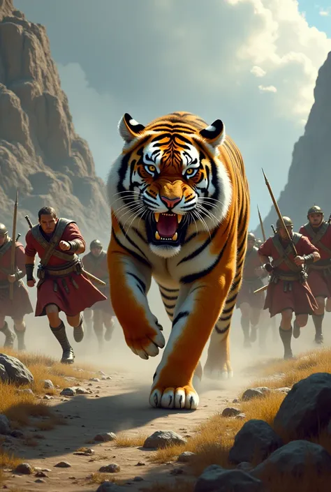 Make a image in which army  running behind tiger 