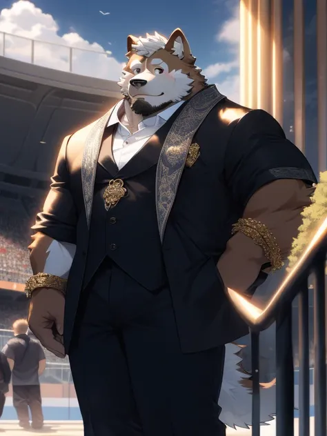 hairy，（Akita dog，white fur，light fur，light fur，young）stadium，rooftop，Light，cute expression，Secondary sexual characteristics are obvious，tonic，Wide body，Just leaning on the railing，Extremely lifelike shadow，masterpiece，Very detailed，lifelike, 455 tall, stan...