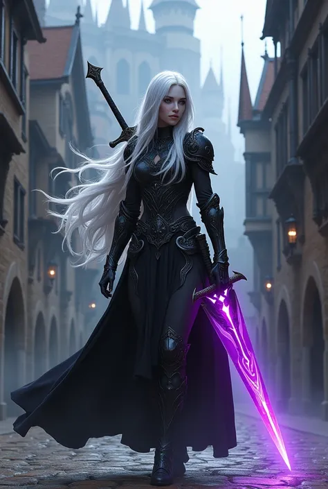 demi-elfe drow de Baldurs Gate, mignonne et innocente, grande, meilleure qualité, fond décran CG Unity 8k ultra détaillé, marchant dans la rue, pose dynamique, beau visage, armure sombre, profondeur de champ, ville médiévale, (haute fantaisie), (cheveux bl...