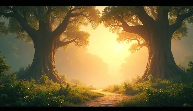 In 3D animation style:A serene forest with towering trees, glowing under the soft light of the setting sun.