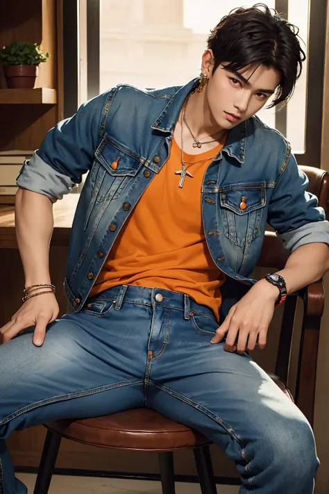 masterpiece, complicated details, (((handsome young boyอายุ 30 ปี))), rocker denim jacket, jeans, leather bracelet, wire necklac...