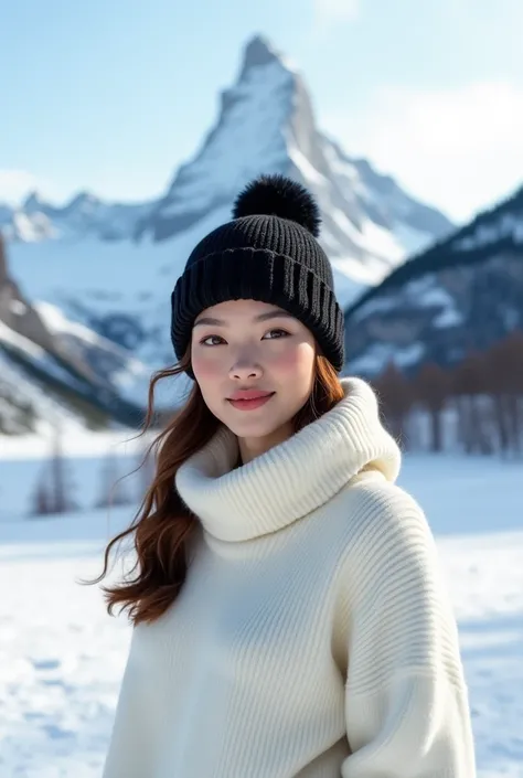 White color sweater, black color winter hat, snow mountain behind