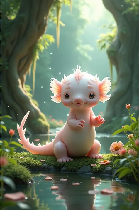 Tender axolotl, in a beautiful landscape