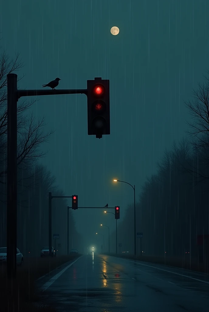 A traffic light , dim rain , evening time, a bit vehicles on road ,small moon hiding behind clouds, birds on road lights , high resolution, some drops on camera , winter time , a fire camp far from road , 