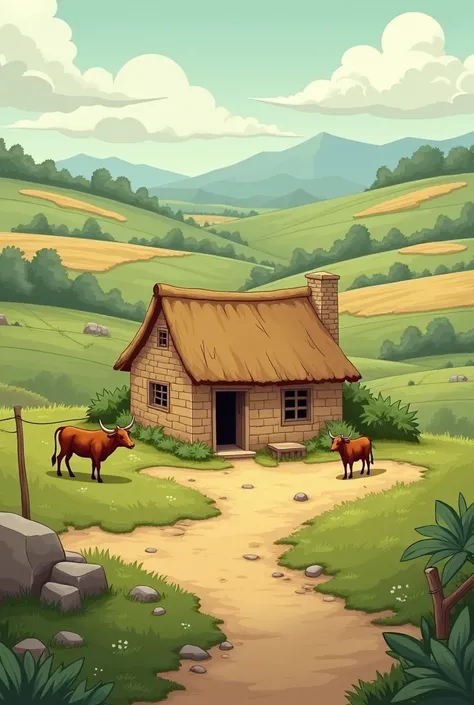 Cartoon
A small, rural village scene with a tiny, weather-worn house on the outskirts. The home is made of mud bricks and has a thatched roof. Surrounding fields, some green, some barren, with cattle grazing in the background. The ambiance is calm but slig...