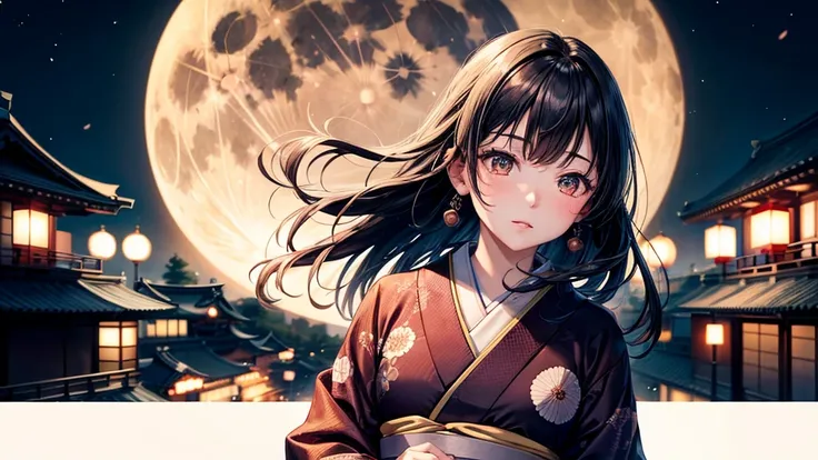 One Girl, Black Hair, Brown eyes, Wear a beautiful Japanese kimono, full moon, Kyoto cityscape, night, High resolution, Ultra Sharp, 8k, masterpiece, View your audience