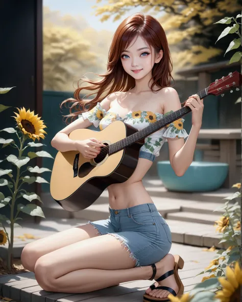 realistic anime illustration of   beautiful asian woman with a guitar posing for a picture, she is in brown long wavy hair (+forehead), wears  light mint green with sunflowers print off-shoulder, light-blur denim tube skirt, sandals, (1girl, solo, full bod...