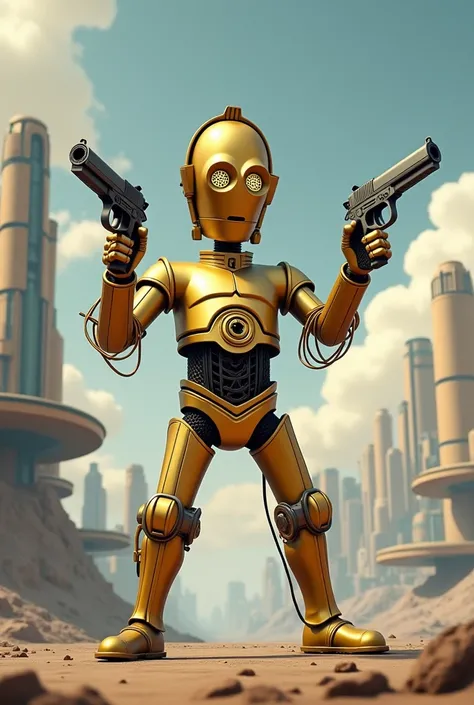 caricature of C3PO1024 wielding dual pistols on cloud city