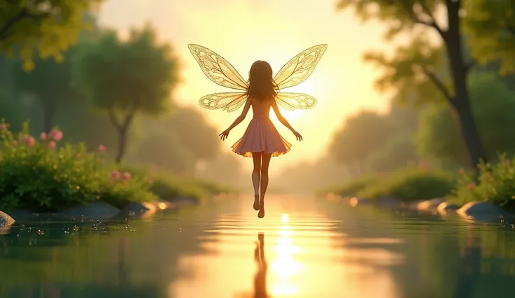 In 3D animation style:The fairys wings glistening in the sunlight as she hovers above the lake.