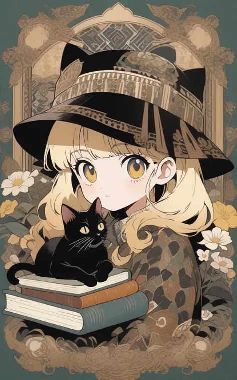 anime style, blond girl with a black hat sitting on top of books and a cat, patterned background, full body portrait, surrounded by flowers and plants, retro patterns, dark green and light yellow, intricate details, high resolution, vintage style. 