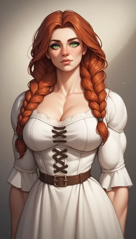 waist-length portrait, Best quality, masterpiece, contrasting light, best light and shadows, rich colors of the image, 2D illustration, empty background, front view, light-colored clothing in medieval fantasy style, female character, mature character, tall...