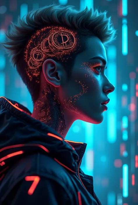 Create a profile image  with elements of blockchain technology. The background should have abstract, glowing circuits or a matrix-like pattern, and the avatar should have a sleek, modern design with a hint of cyberpunk aesthetics. Incorporate subtle refere...