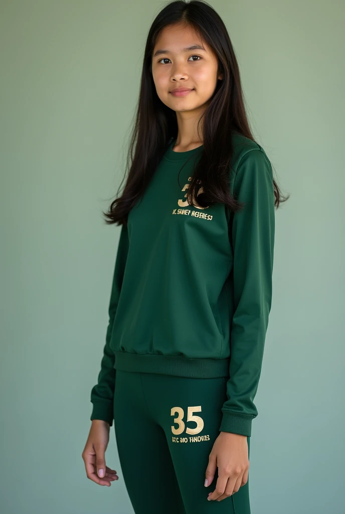 Realistic Photo Teenage girl Indonesian dark green School sports uniforms  and dark green leggings with her School name written SMP Negeri 35 Kota BandungThe letters are large in Leggings Dark green sports school sports 