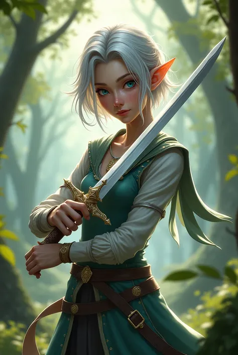 An elf with silver short shoulder length hair with blue eyes and a sword in hand